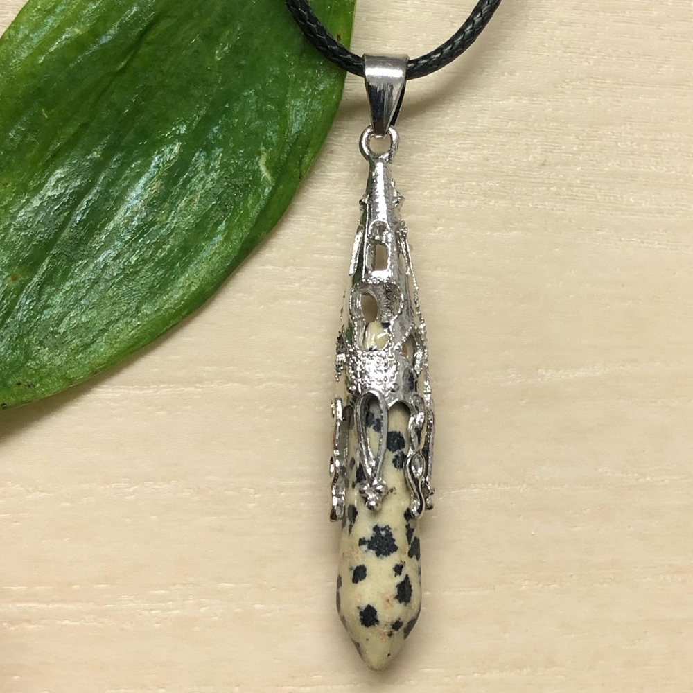 Dalmatian Natural Stone Hexagonal Prism Pyramid Pendant Gemstone Necklace - Picture 3 of 4